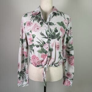 L'agence Gaia Floral Print Tie Front Blouse Size Medium Women's White/Pink/Green
